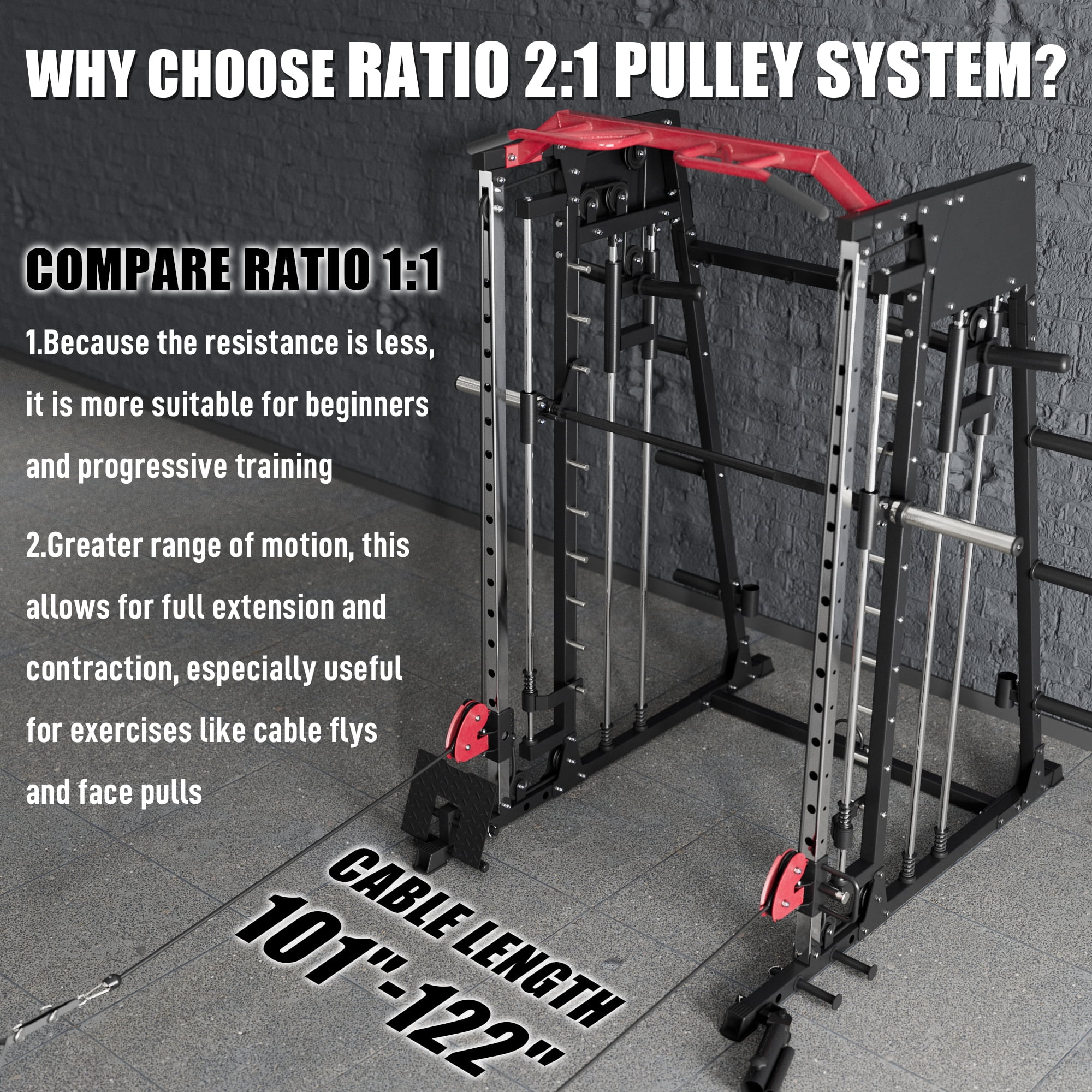 Smith Machine Home Gym, 2200 lbs Power Rack Cage with Cable Crossover, Weight Bar, 360° Landmine, Barbell Holders and Other Attachments, Total Body Strength Training Cage