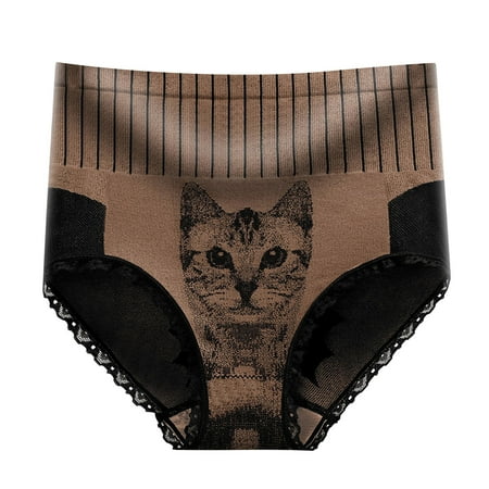 

Tangnade Ladies casual underwear bra High Waist Abdominal Panties Cat Print Comfortable Women Panties Brown M