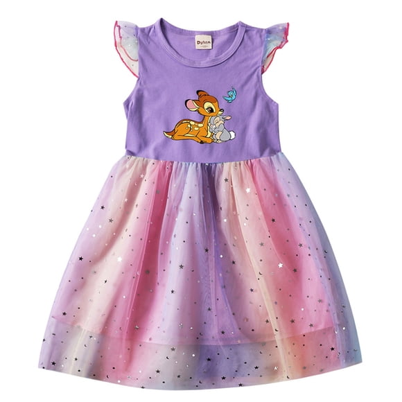 Bambi Summer Kids Dresses for Girls Cartoon Short Sleeve Princess Dress Children‘s Prom Mesh Dresses QZX