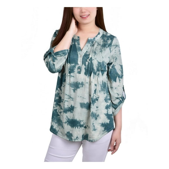 NY Collection Womens Petites Pintuck Matte Jersey Henley