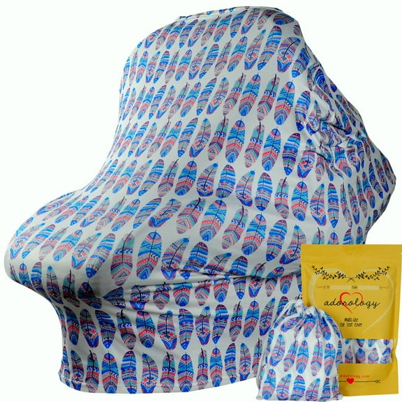 Baby Car Seat & Nursing Cover & Drawstring Carry Bag in Cute Feather Design Shower Gift Breathable Stretchy Universal 4 in 1 Multi-Use Infant Carseat Canopy Covers Shopping Cart High Chair Stroller