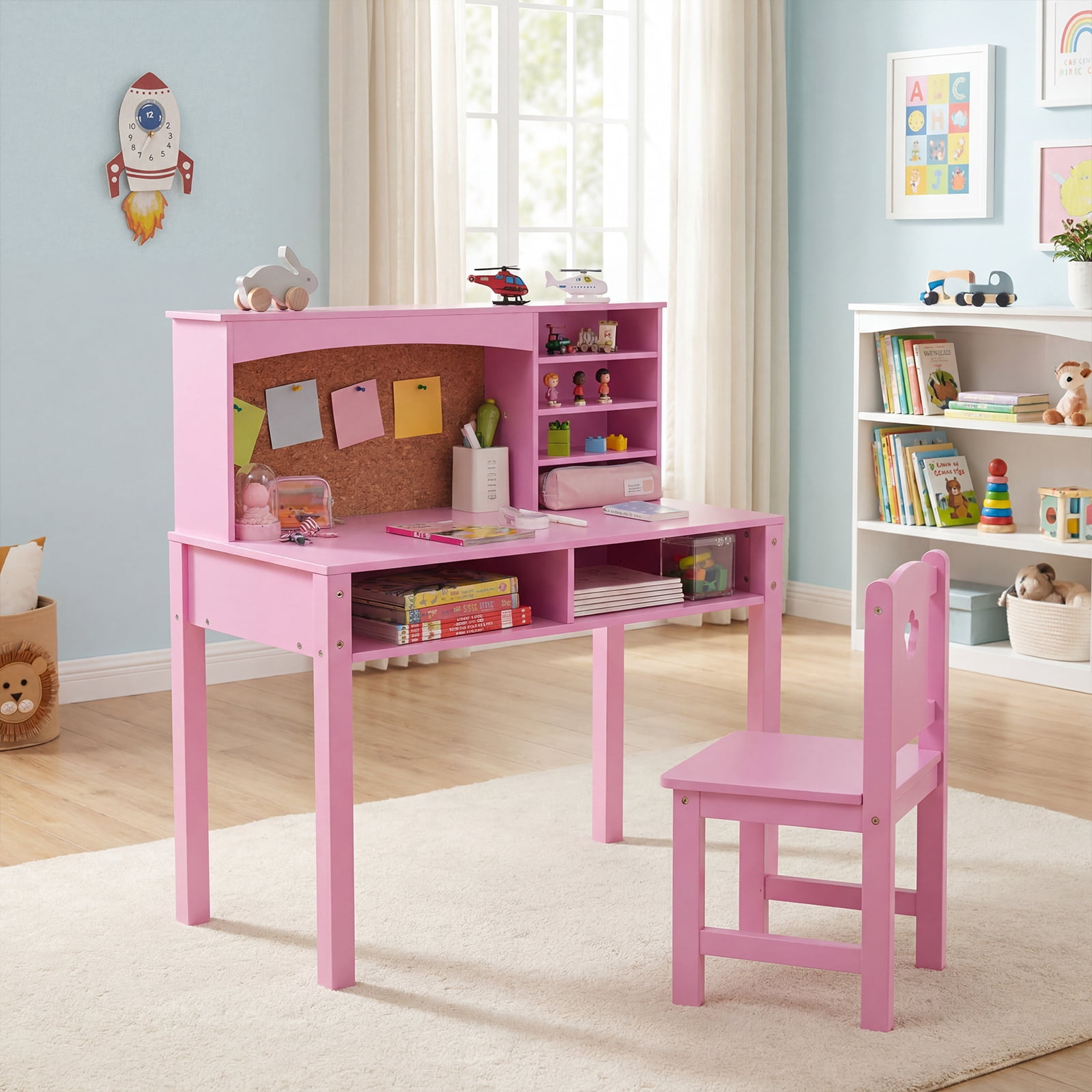 Furnibear Kids Desk and Chair Set with Hutch and Bulletin Board, Children Study Desk and Chair with Storage, Kids Writing Desk, Pink