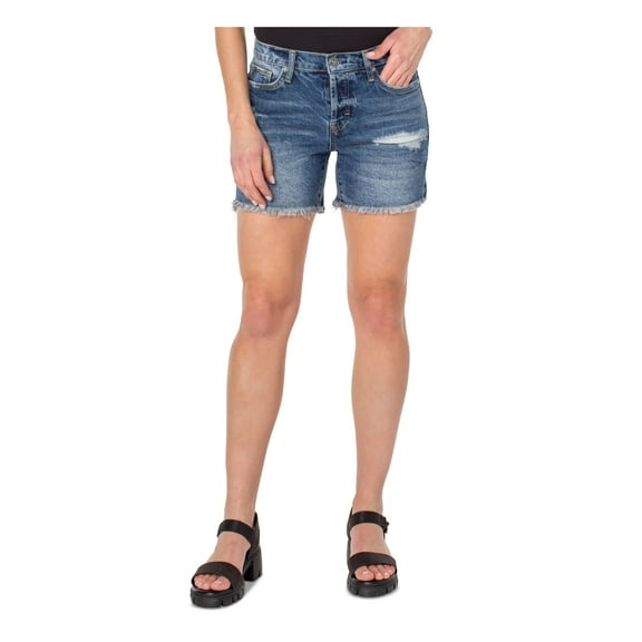 EARNEST SEWN NEW YORK Womens Blue Denim Pocketed Distressed Button Fly Frayed Hem Shorts Shorts 26