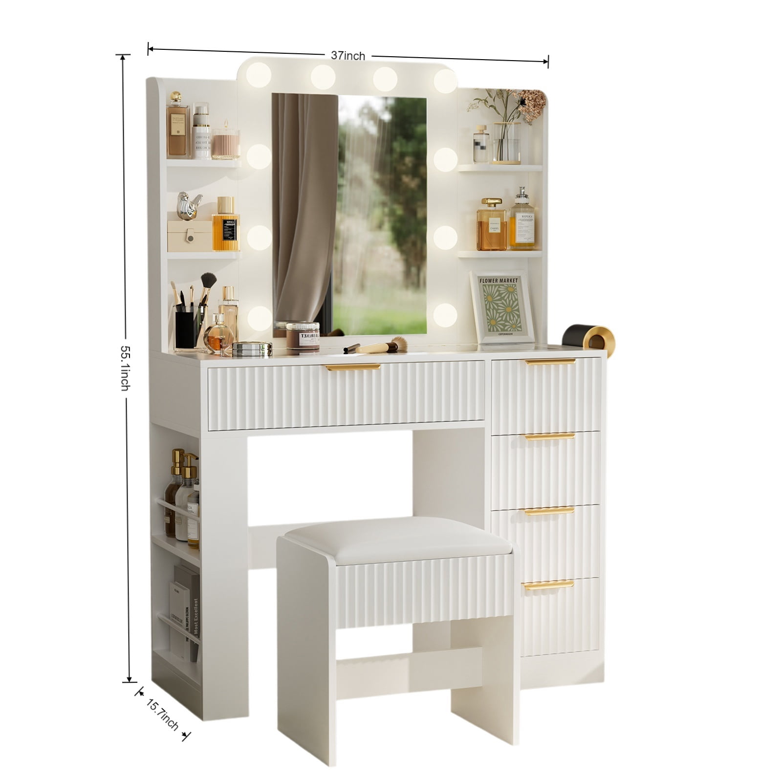 Hommoo Vanity Desk with Mirror and 3 Colors Lights, Makeup Vanity Set Dressing Table with Charging Station, Transparent Tabletop, 5 Drawers & Open Storage for Bedroom, White