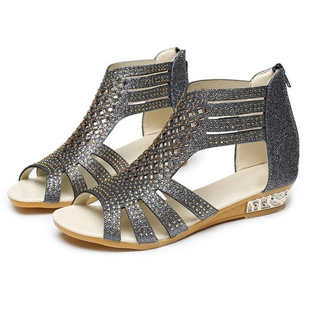 

Summer Savings Clearance 2022! Tagold Sandals for Womens Dressy Summer Sandals Womens Rhinestone Hollow Back Zipper Round Toe Hollow Sandals Roman Shoes Women