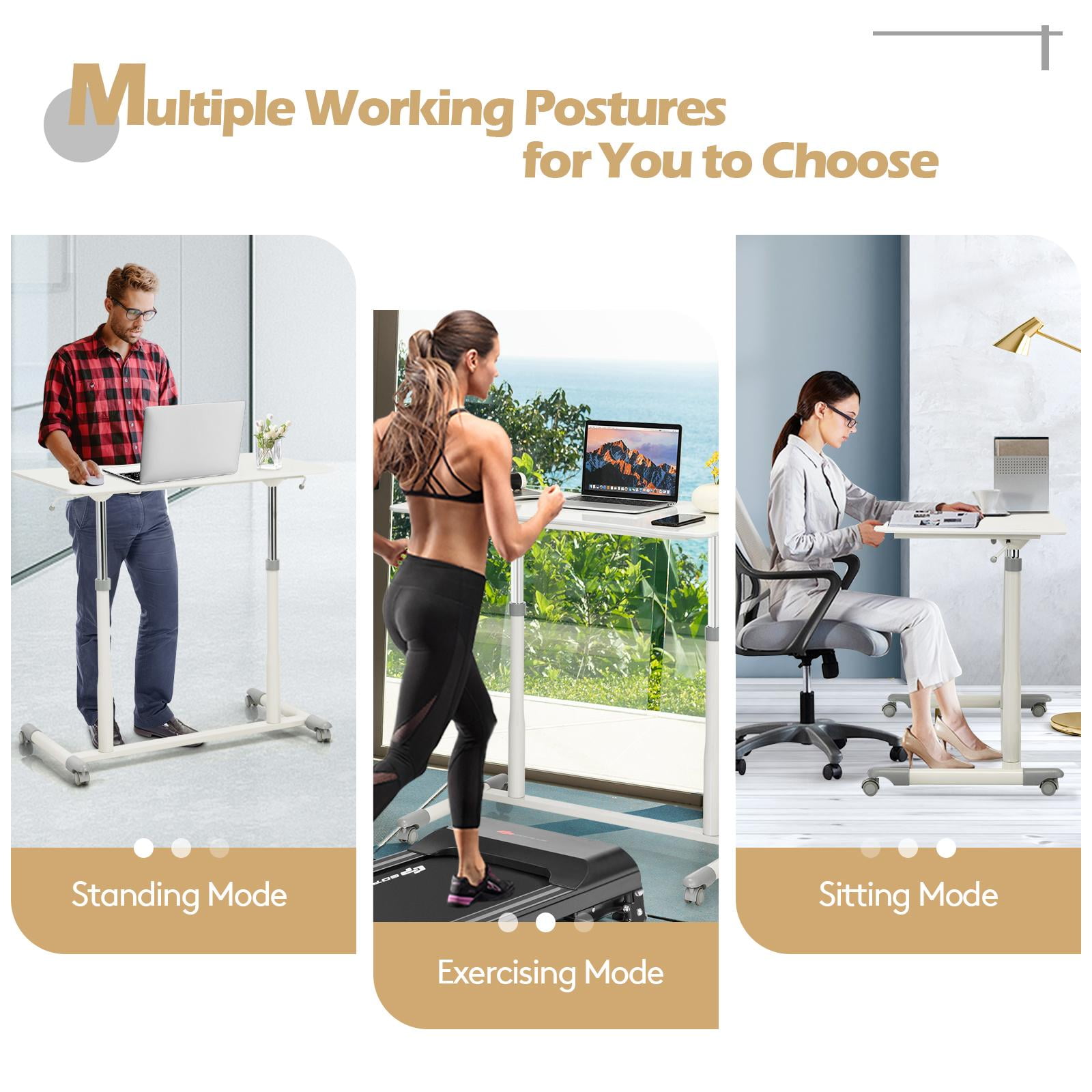 Giantex Mobile Height Adjustable Standing Desk, Compact Pneumatic Sit to Stand Computer Desk w/ Lockable Casters, Ergonomic Rolling Laptop Table for Home Office, White
