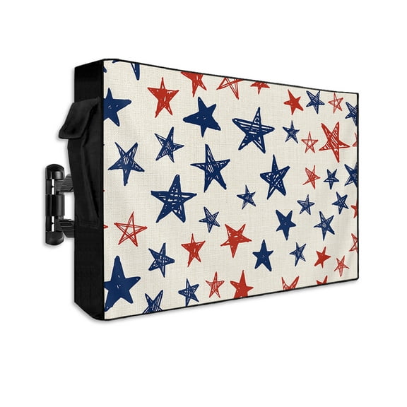 4th of July Outdoor TV Cover 30 to 32 Inch Weatherproof, Blue Red Star Independence Day Rustic Burlap 600D Oxford TV Covers with Waterproof Zipper, Outside Flat TV Screen Protector 30"Wx19"Hx4.5"D