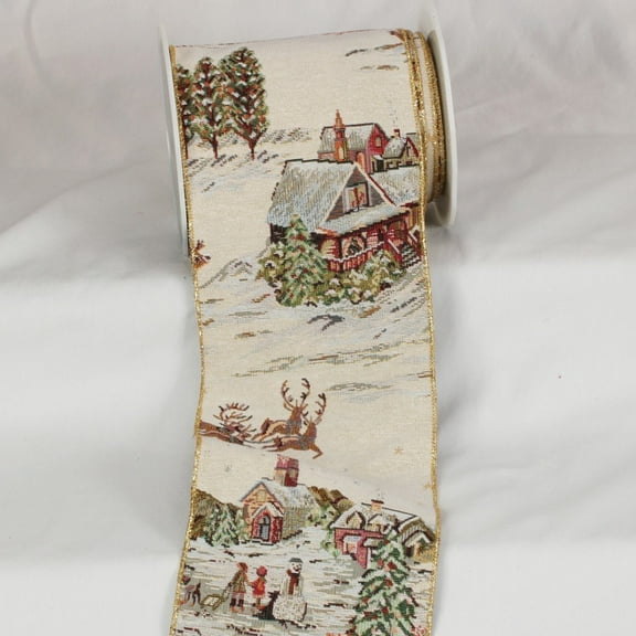 The Ribbon People White and Brown Santa's Sleigh Wired Craft Ribbon 6" x 9 Yards