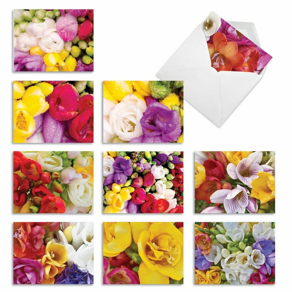 10 Pack All Occasion Blank Note Cards With Envelopes - Fanciful Freesias
