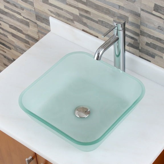 Elite Frosted Square Tempered Glass Flat Bottom Bathroom Vessel Sink Bowl with Chrome Pop-up Drain - 1502 P01C