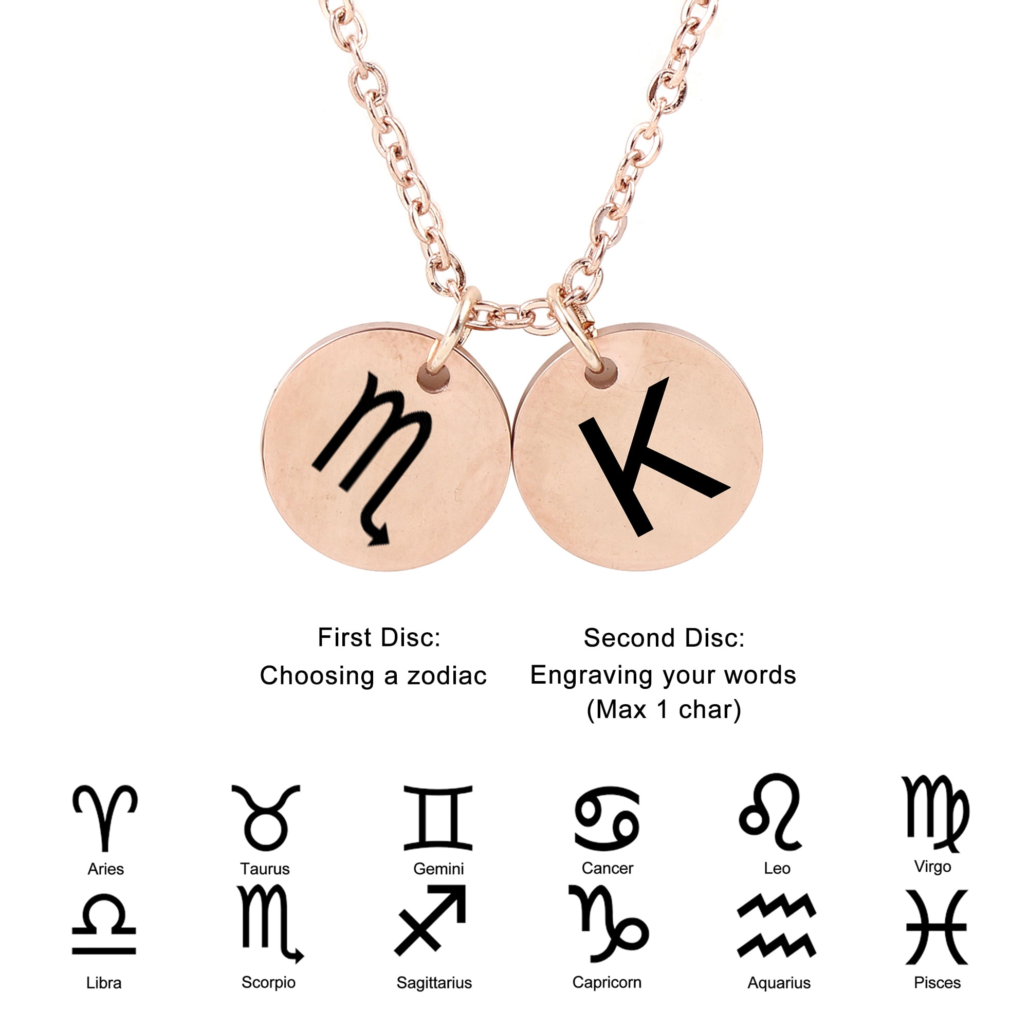 Personalized Round Constellation Initial Necklace - Engraved Zodiac Symbol Jewelry - Christmas Gift for Her - Stainless Steel - 18" Chain - Rose Gold Scorpio
