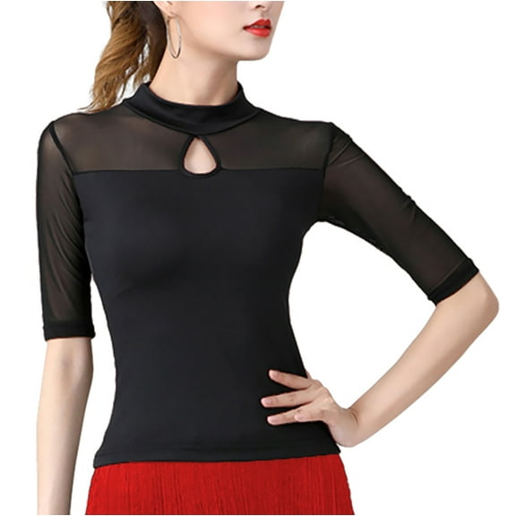 Sheer Mid-Length Sleeves Mesh Yoke Keyhole Neck Latin Salsa Tango Cha Cha Cha Dancewear Tops T Shirts