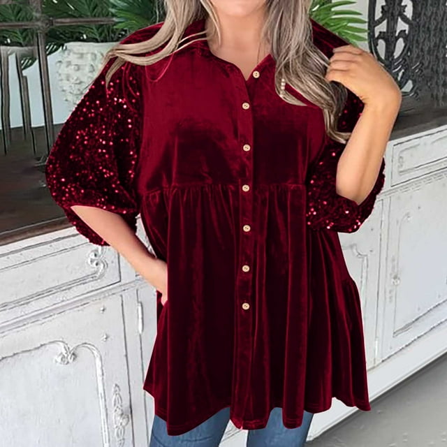 Qertyioot Chemises Mini en Velours pour Femmes à Boutons Décontractées Manches Bouffantes 3/4 Hauts Patchwork à Paillettes
