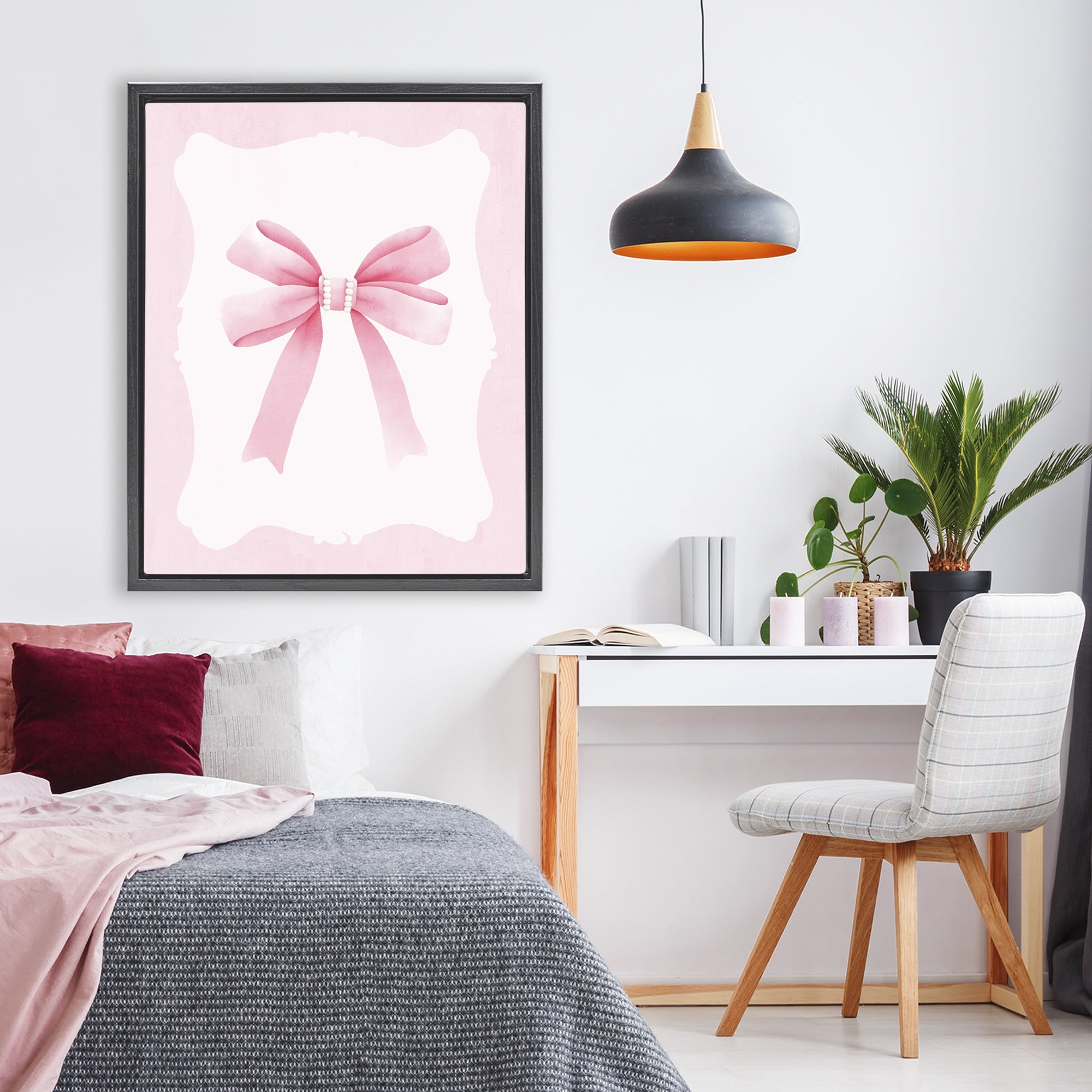 Stupell Industries Feminine Bow with Pearls Black Framed Floater Canvas Wall Art, design by Kim Allen