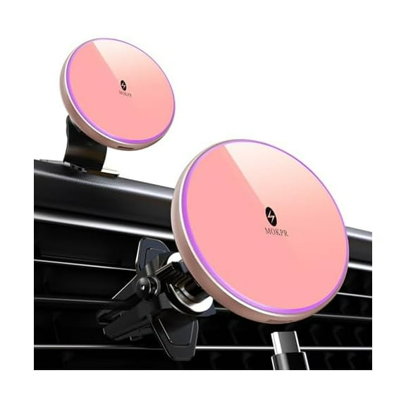 Saluqifa for Magnetic Car Mount Charger-15W Wireless Car Charger-Magnetic Car Phone Holder for Dash Air Vent-LED RGB HandsFree Car Mount Fast Car Charger for iPhone 16 15/14/13/12 Pink