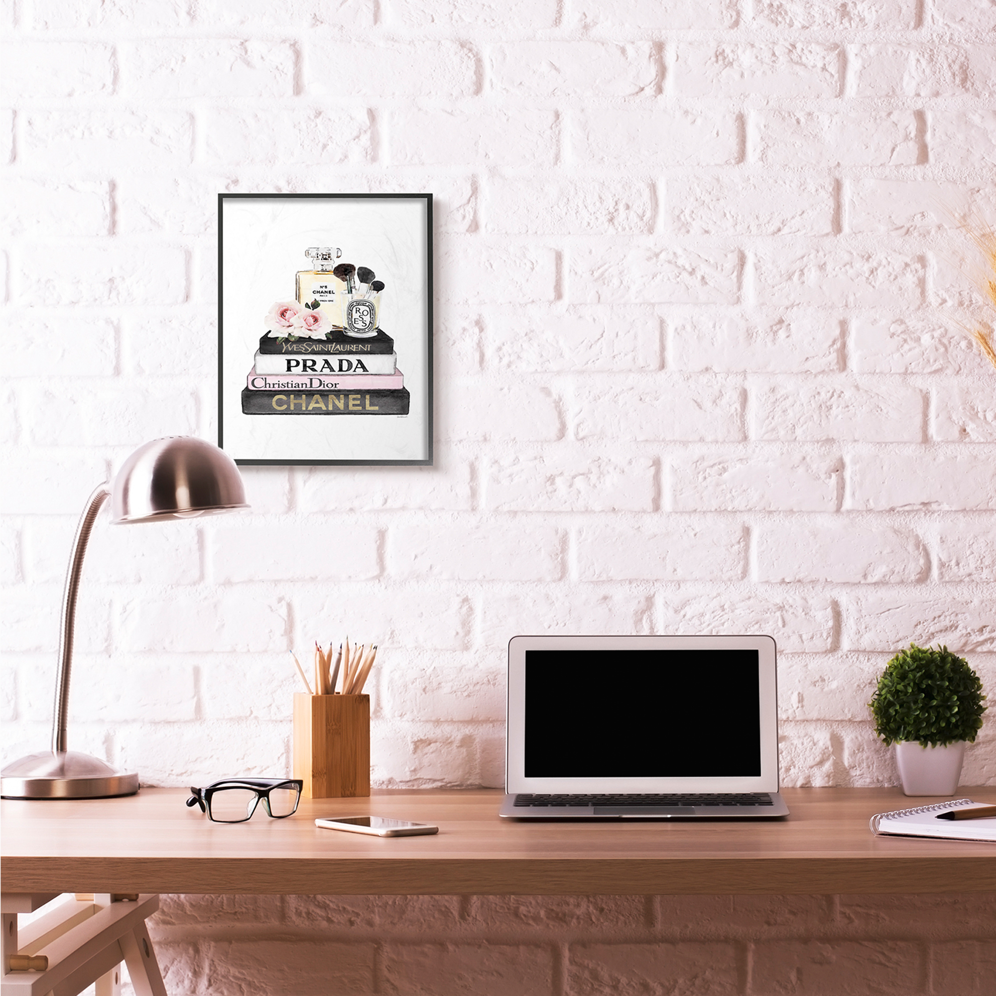 Stupell Industries Fashion Designer Flower Makeup Bookstack Black Pink Watercolor Framed Wall Art by Amanda Greenwood