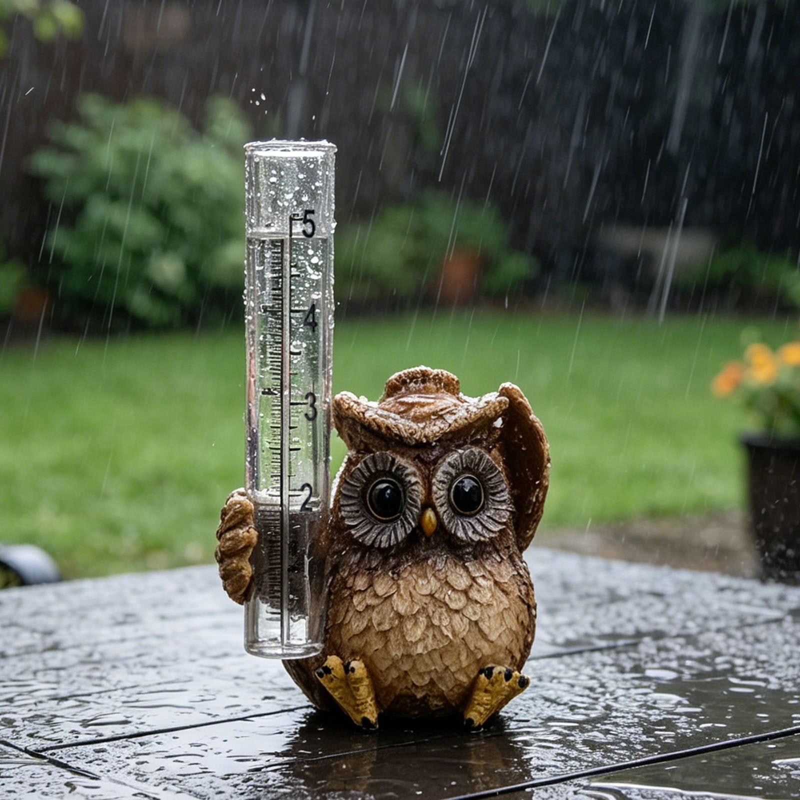 Owl Rain Gauge Garden Statue 5.3 Inch Resin Rain Gauge with Transparent Tube Weatherproof Outdoor Yard Ornament for Patio Lawn Garden