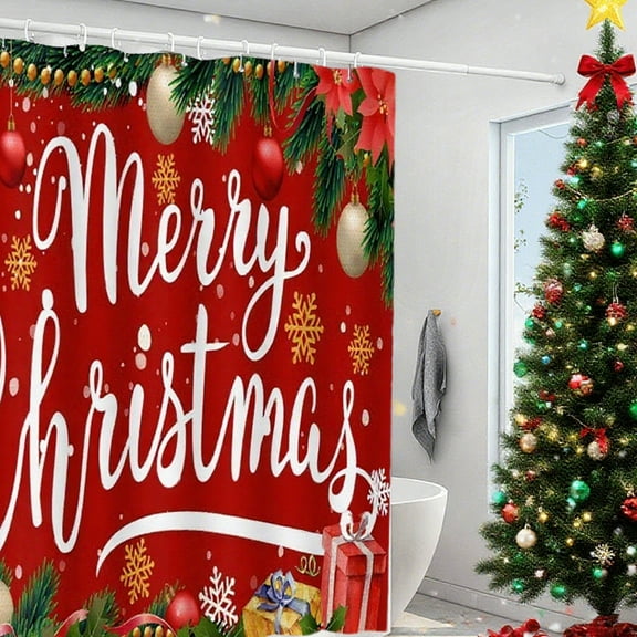Vfedsrsge Christmas Red Shower Curtain with 12 Hooks, Waterproof Polyester 70x70in, Reinforced Metal Grommets for Hotel Bathroom Decor