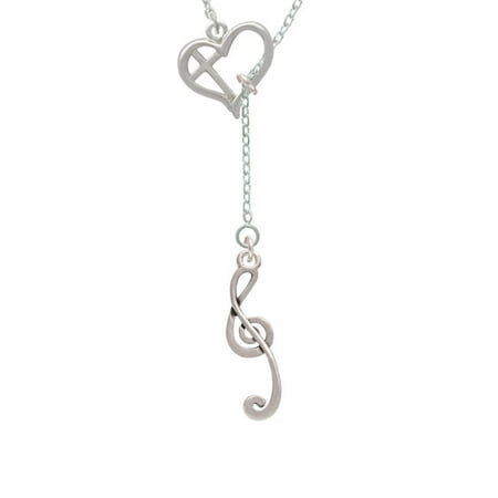Long Lariat - Long Curly Clef Cross in Heart Lariat Necklace
