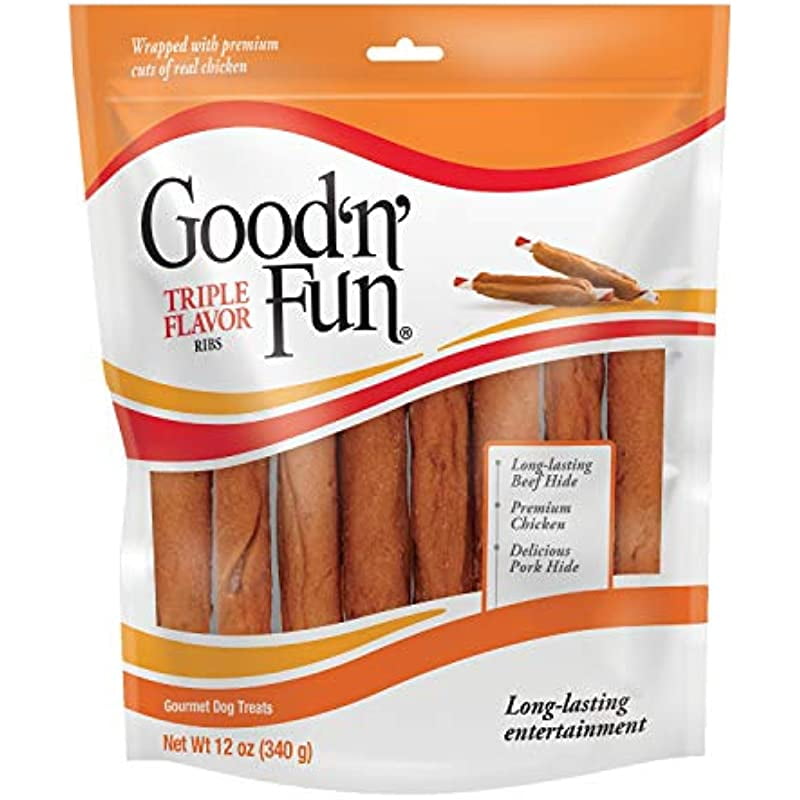 Good'n'Fun Triple Flavor Ribs 12 Ounces, Rawhide Snack for All Dogs