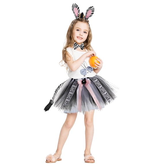 Disfraz de cebra (1 unidad): incluye diadema con orejas de cebra, falda tutú, cola y pajarita. Disfraz de animal con temática de la selva para Halloween, carnaval y cosplay.