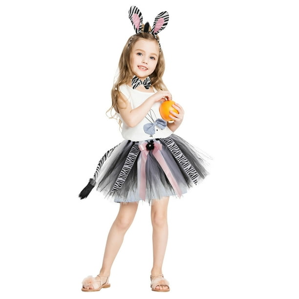 1 juego de disfraz de cebra con orejas de cebra, diadema, falda tutú, cola, pajarita, disfraz de animal con temática de jungla para Halloween, carnaval, cosplay.