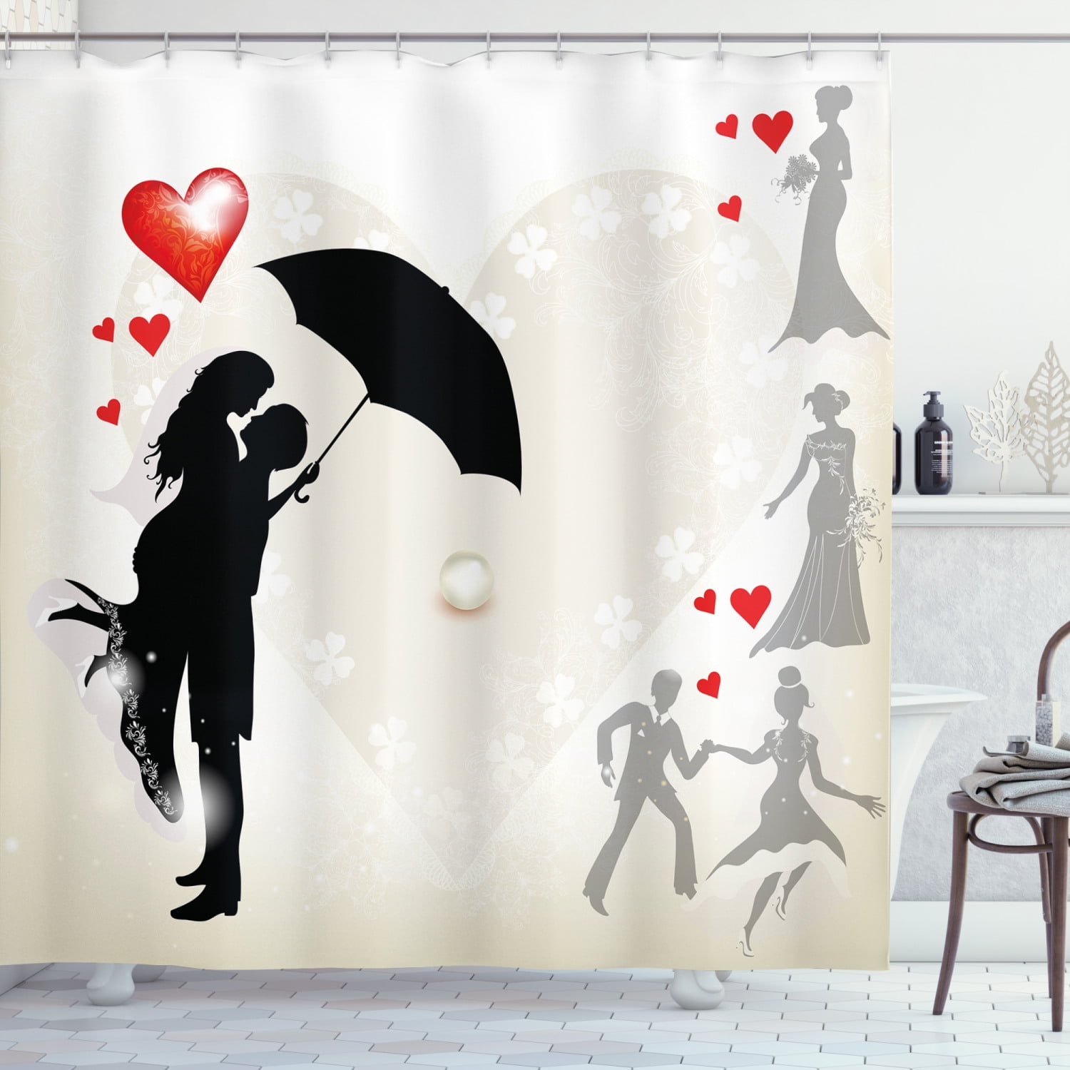 Wedding Shower Curtain, Couple in Love Umbrella Red Hearts Daisies ...