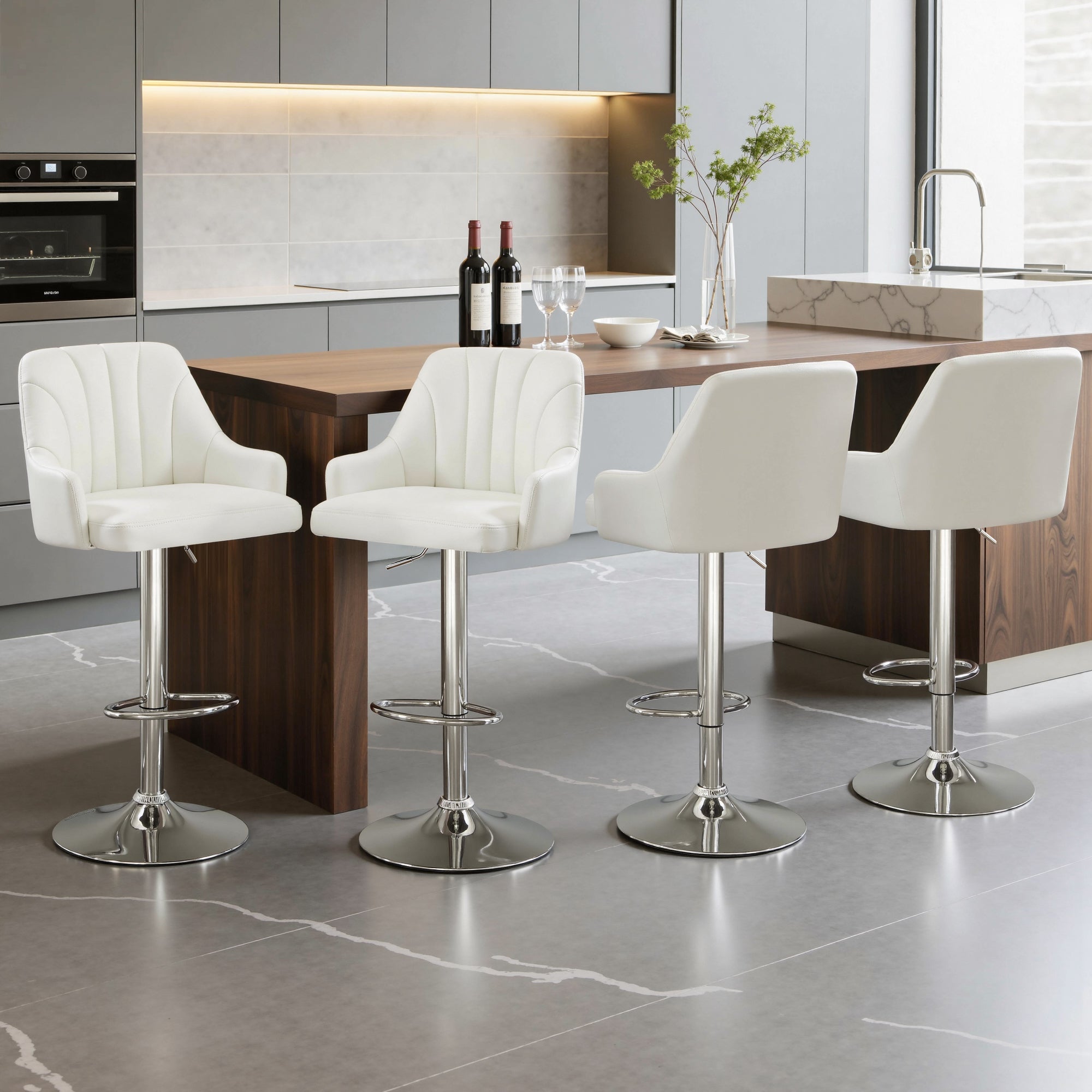 VECELO Set of 4 Bar Stools, Faux Leather Adjustable Swivel Counter Height Barstools with Backrest and Armrest, White