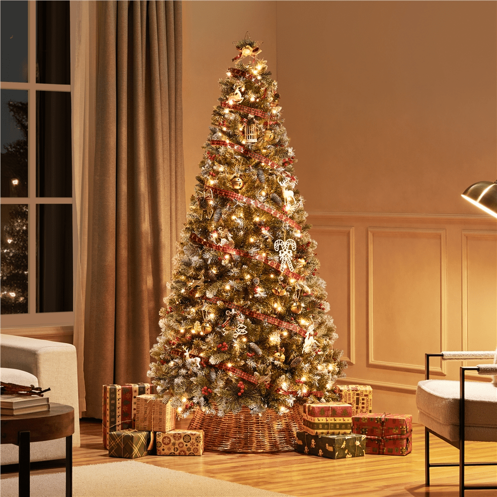 Alden Design 6Ft Pre-lit Frosted Artificial Christmas Tree with Pinecones & Holly Berries, Green