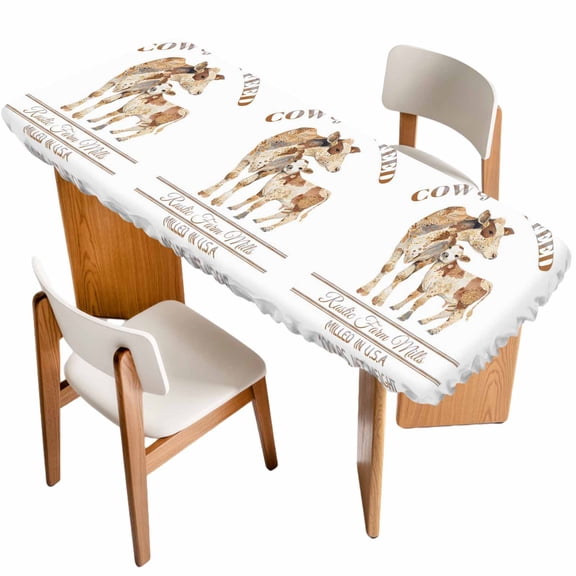 Beige Farm Animals Table Cloths for 8 Foot Rectangle Tables, Cow Farmhouse Patio Waterproof Elastic Fitted Tablecloths, Washable Rectangular Table Cover for Camping