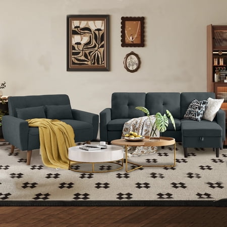Soscana Living Room Furniture Set, Sectional Sofa Couch with Storage Ottoman and Loveseat,L-shaped 3 Seater Sofa with Side Pockets, for Living Room Apartment Office Studio
