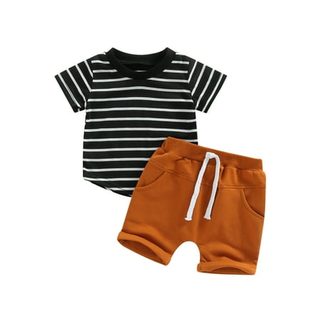 

Qtinghua Toddler Baby Boys Summer Outfits Striped Short Sleeve T Shirt Tops Casual Drawstring Shorts 2PCS Clothes Burnt Sugar 6-12 Months