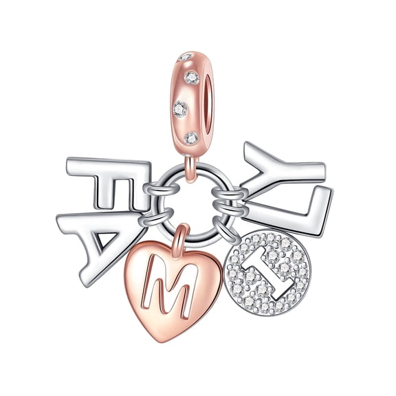 ARVALILS "FAMILY" Letter Dangle Charm, Two-Tone 925 Sterling Silver CZ Charm, Family Theme Pendant for Bracelets & Necklaces