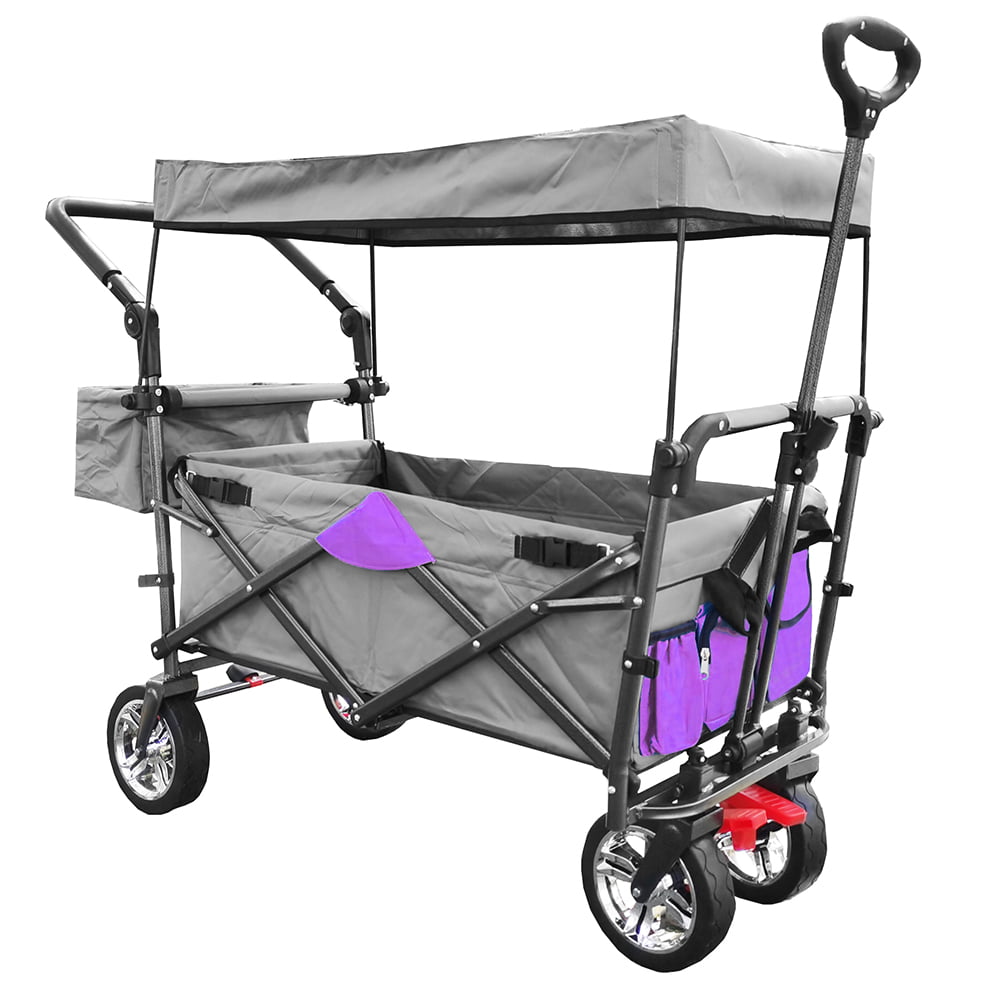 Collapsible Outdoor Utility Wagon Beach Garden Cart with Detachable Canopy/Brake 