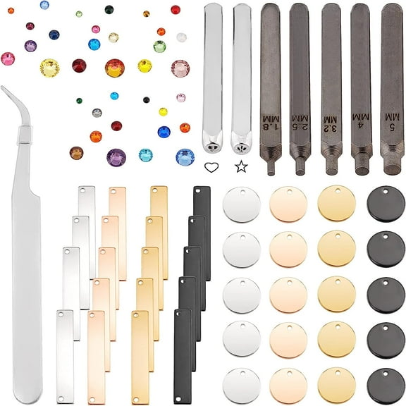 Jewelry Metal Stamping Tools Kits Metal Stamping Blank Bar Pendant Charms Stamping Punches Flat Back Rhinestones Crystals Setter Elbow Tweezer