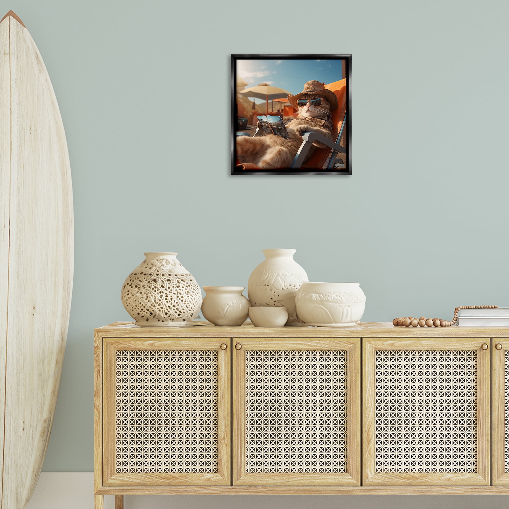 Stupell Industries Relaxing Cat Lounge Chair Animals Painting Black Floater Framed Canvas Art Print Wall Art, 18 x 18