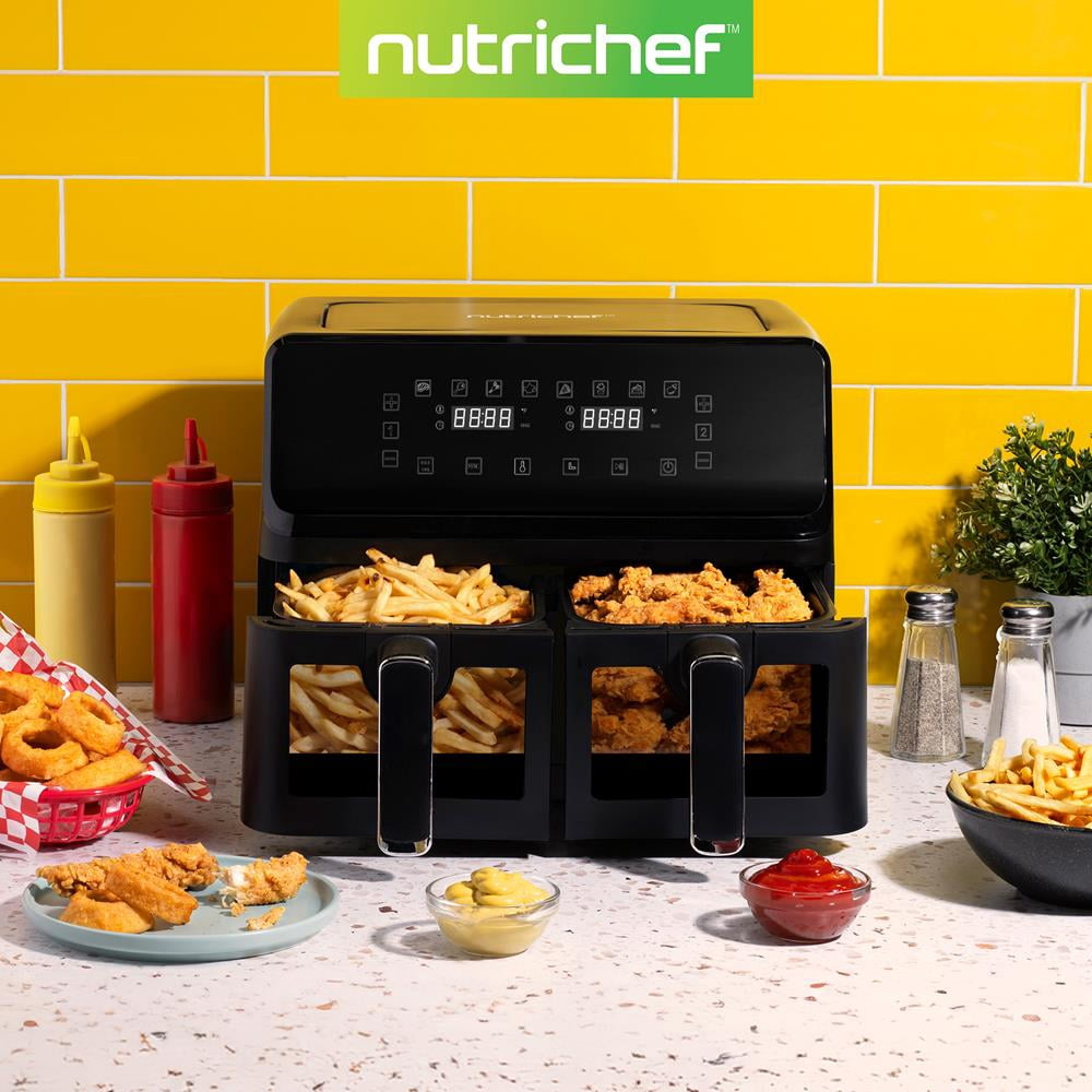 4.4QT Dual Basket Air Fryer - Customized Digital Display Electric Oil Free Cooker with Transparent Window (Black)
