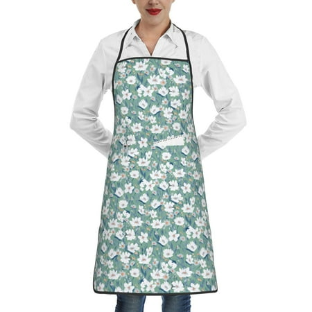 

Qekee Gouache Flowers Print Adjustable Bib Apron Resistant with Pocket Cooking Kitchen Aprons for Women Men Server Chef Apron