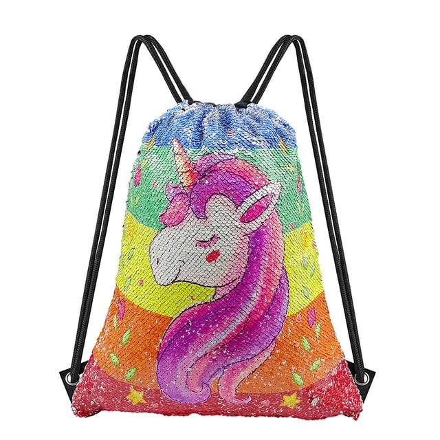 Unicorn Gift Mermaid Sequin Bag,Reversible Drawstring Backpack Glitter Dance Bag