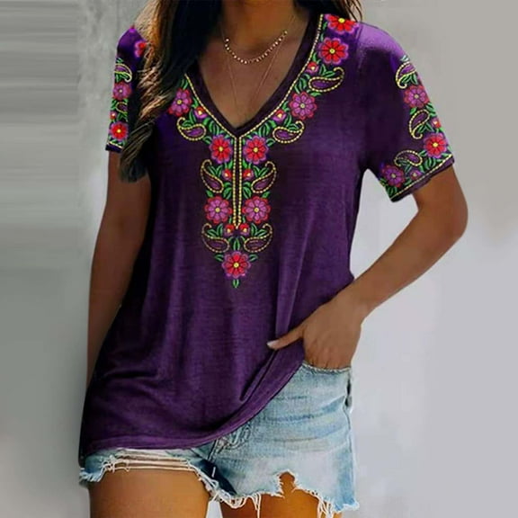 Summer Savings!Womens Summer Tops Clearance,Womens Tops 2024 Summer Fashion Woman Causal V-Neck Printing Blouse Short Sleeve T-Shirt Summer Tops Womens Tops Clearance