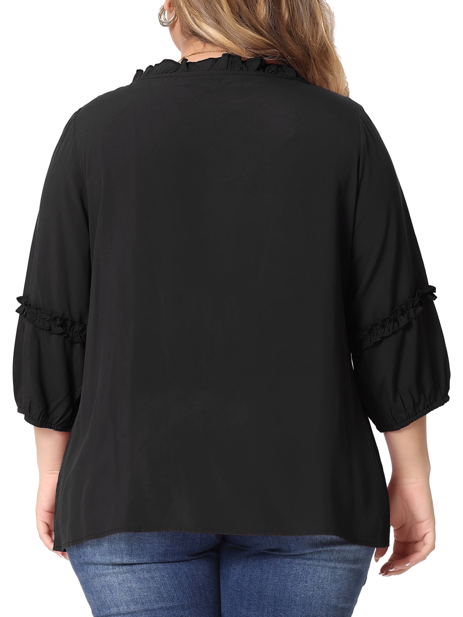 Women's Plus Tops Tie Neck Tassel Self Flutter 3/4 Sleeve Blouses Tops 4X Black