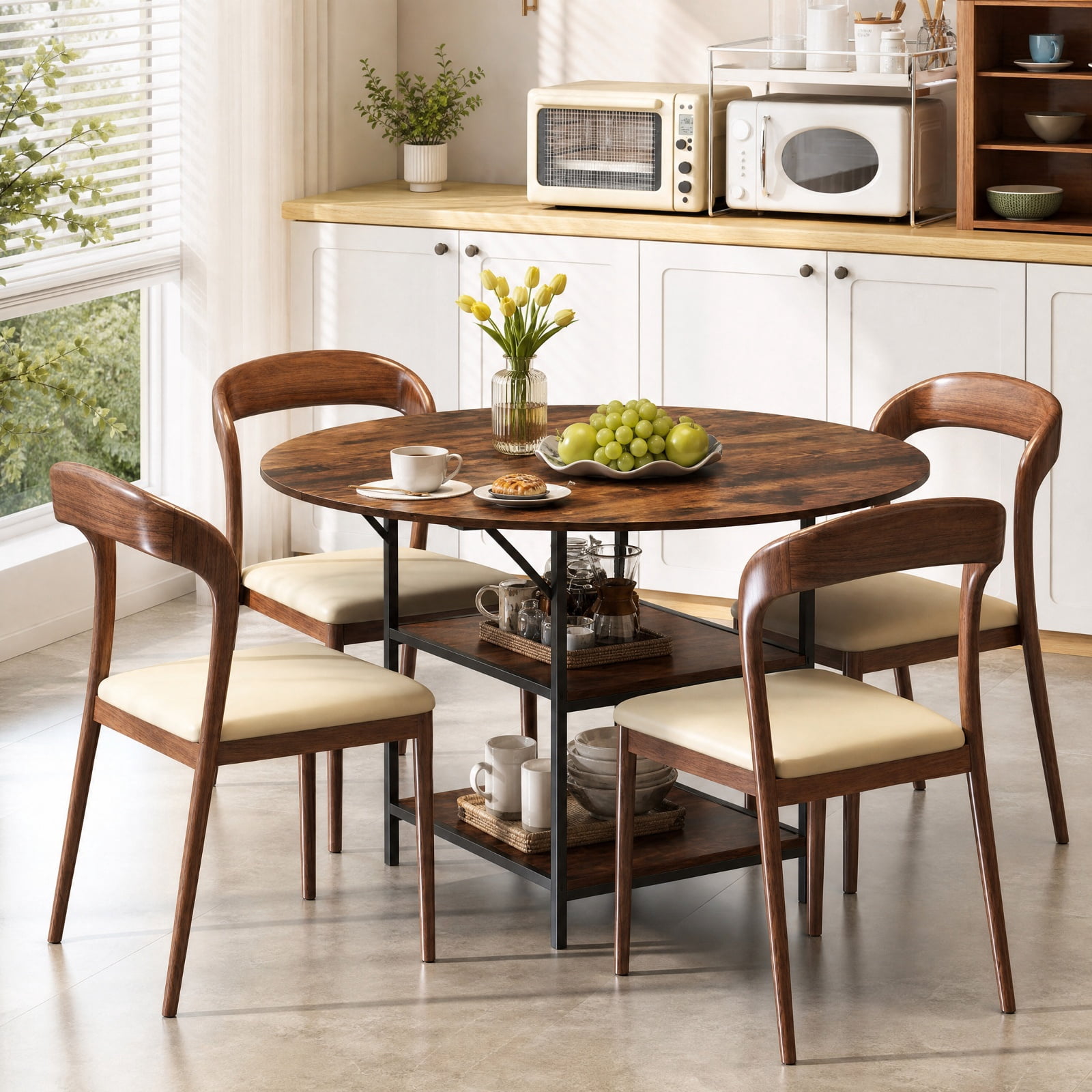 Furnibear 47 Inch Round Dining Table for 4 to 6 with 2 Tier Storage Shelves and Sturdy Metal Frame for Kitchen and Apartment, Rustic Brown