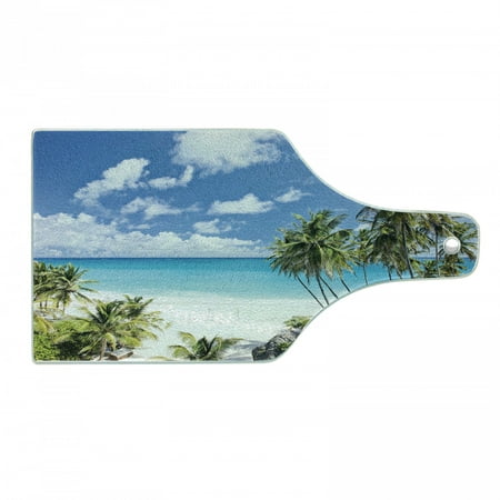 

Summer Cutting Board Bottom Bay Barbados Beach Tropical Palms Ocean Holiday Paradise Coast Charm Picture Tempered Glass Cutting and Serving Board Wine Bottle Shape Multicolor by Ambesonne