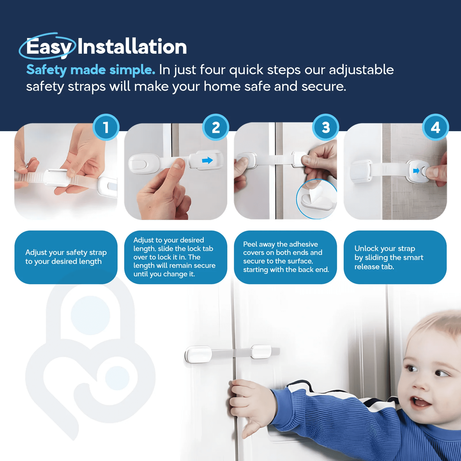 Baby Proof Me Child Safety Locks, Adjustable Cabinet Locks for Baby Proofing, White, 12-Pack