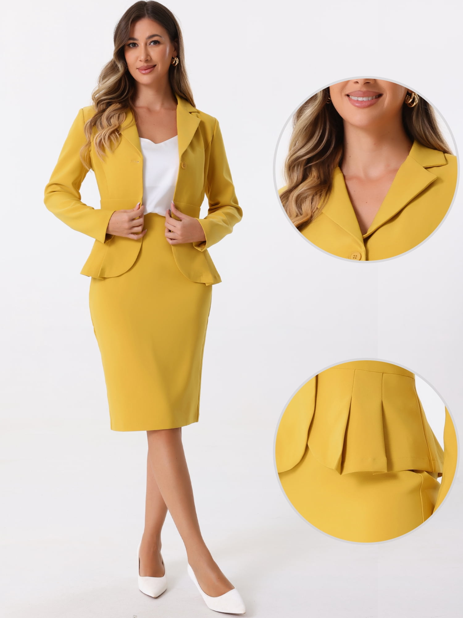 DARING DIVA Women's Peplum Blazer Pencil Skirt 2 Pcs Suit Set XL Yellow