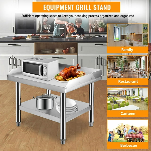 AKDSteel Stainless Steel Equipment Grill Stand Table | 48"x28"x24" | 1000 Lbs Top Shelf Capacity, 220 Lbs Bottom Shelf | Adjustable Legs with 2" Edge Baffle | for Hotels, Homes, Commercial Kitchens