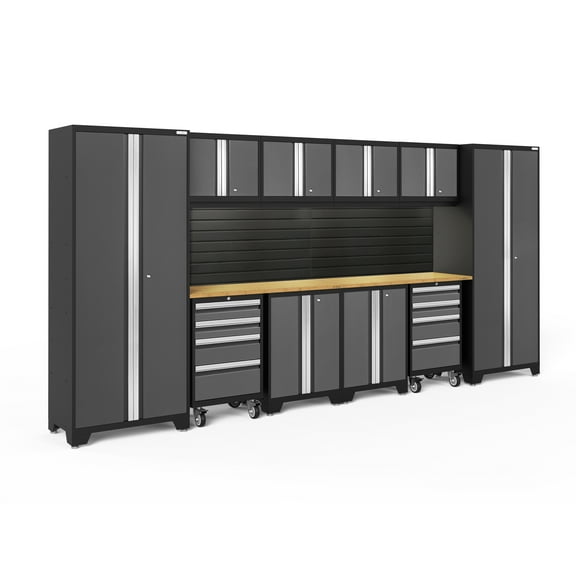 NewAge Products Bold Series Gray 12 Piece Cabinet Set, Heavy Duty 24-Gauge Steel Garage Storage System, Slatwall / LED Lights Included