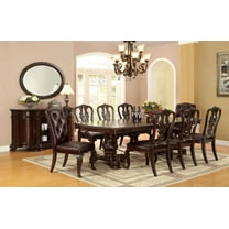 Formal Traditional Brown Cherry 9pc Dinng Set Table w Leaf 8x Side Chairs Cushion Seats Leatherette Double Pedestal Base