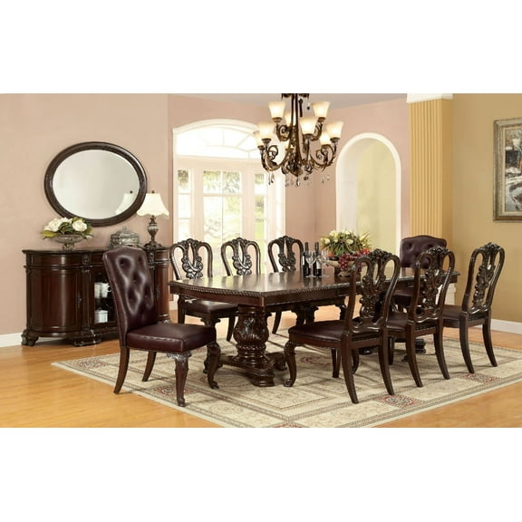 Formal Traditional Brown Cherry 9pc Dinng Set Table w Leaf 8x Side Chairs Cushion Seats Leatherette Double Pedestal Base