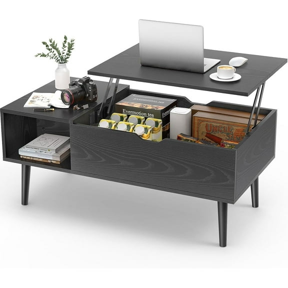 AENKYO Coffee Table, Lift Top Coffee Tables for Living Room with Storage Shelf and Hidden Compartment,Black